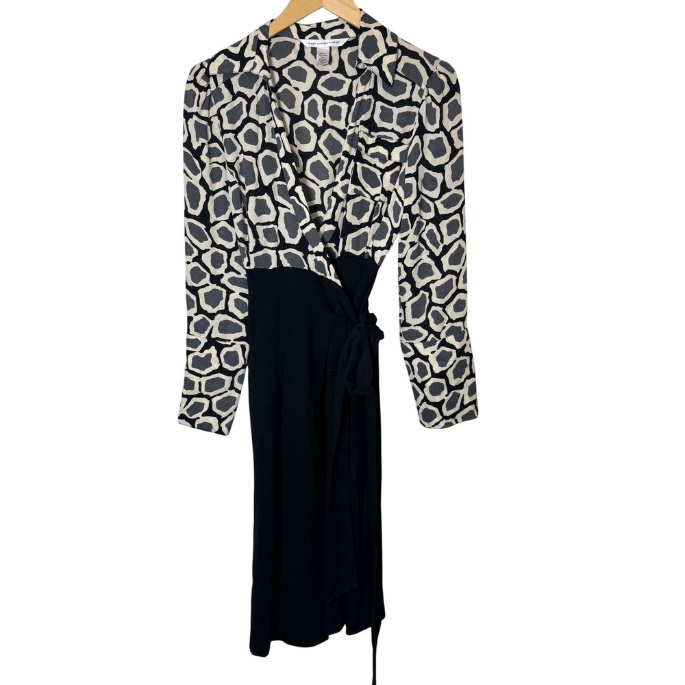 Diane‎ von Furstenberg Wool Silk Wrap Dress 10 Black Gray Geometric